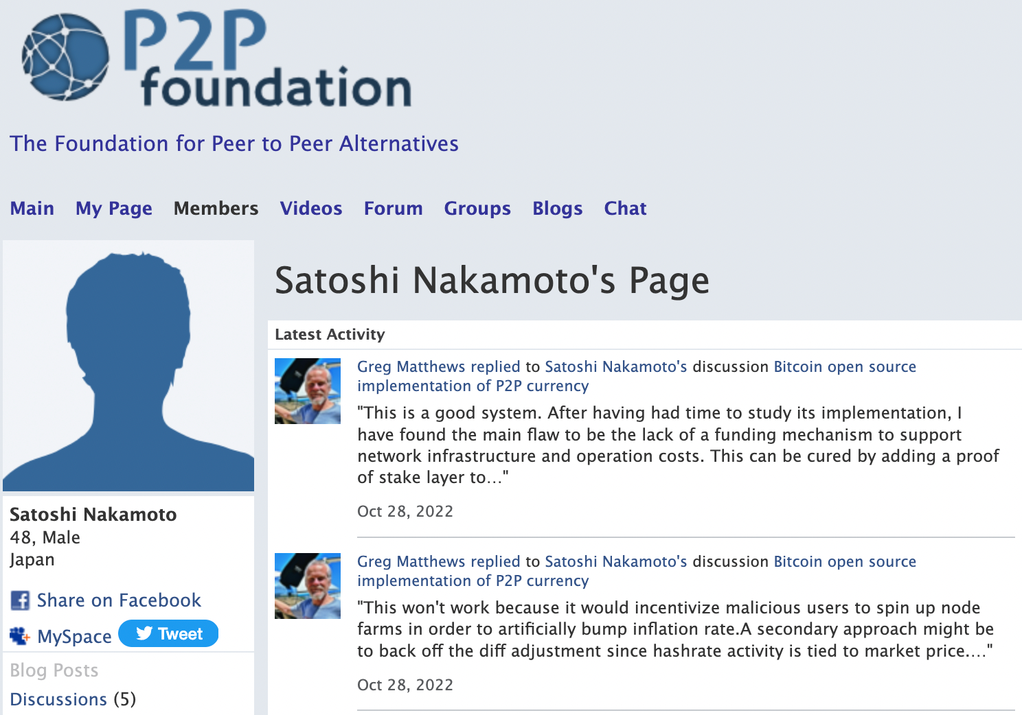 Screenshot of Satoshi Nakamoto's profile page on P2P Foundation — April 5, 2023.